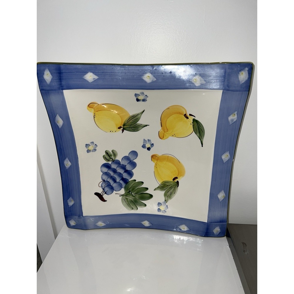 Vintage Italian Hand Painted Ceramic Lemon And Grapes aSquare Dinner Plates